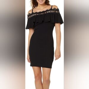 NWT By & By Black party dress Adjustable straps Off shoulder ruffle Women's Sz 0